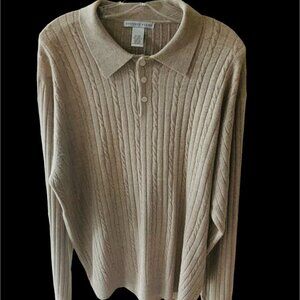GEOFFREY BEENE MENS LONG SLEEVE COLLARED QUARTER BUTTON TAN SWEATER EUC XL
